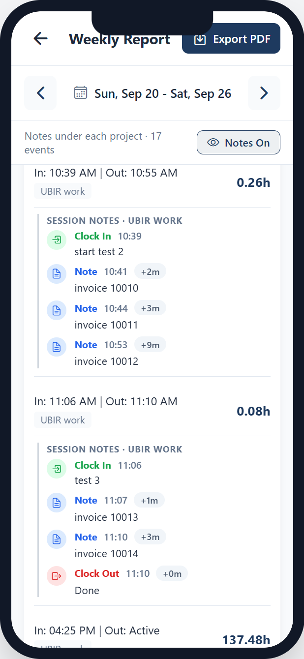 Weekly report with timestamped work-order notes under each session